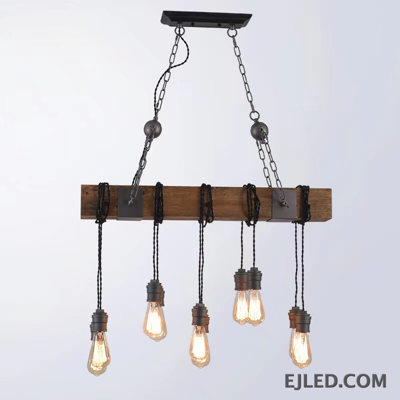 This WD0012 pendant lamp features a rectangular wooden beam suspending five exposed Edison-style bulbs from twisted cords. It hangs from a dark metal ceiling plate by two chains, offering open illumination. - view 2