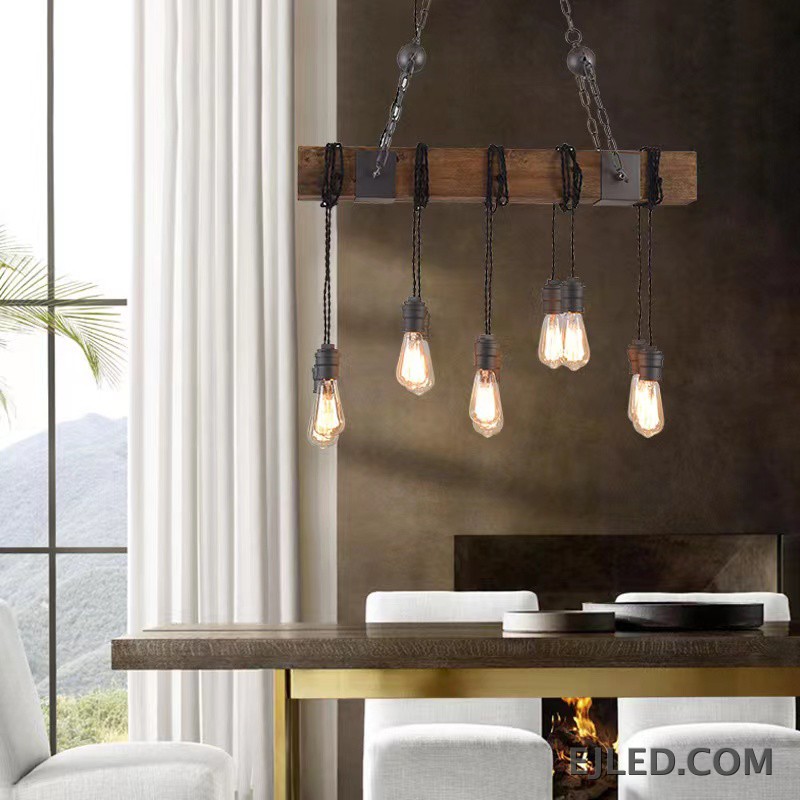 This WD0012 pendant lamp features a rectangular wooden beam suspending five exposed Edison-style bulbs from twisted cords. It hangs from a dark metal ceiling plate by two chains, offering open illumination. - view 4