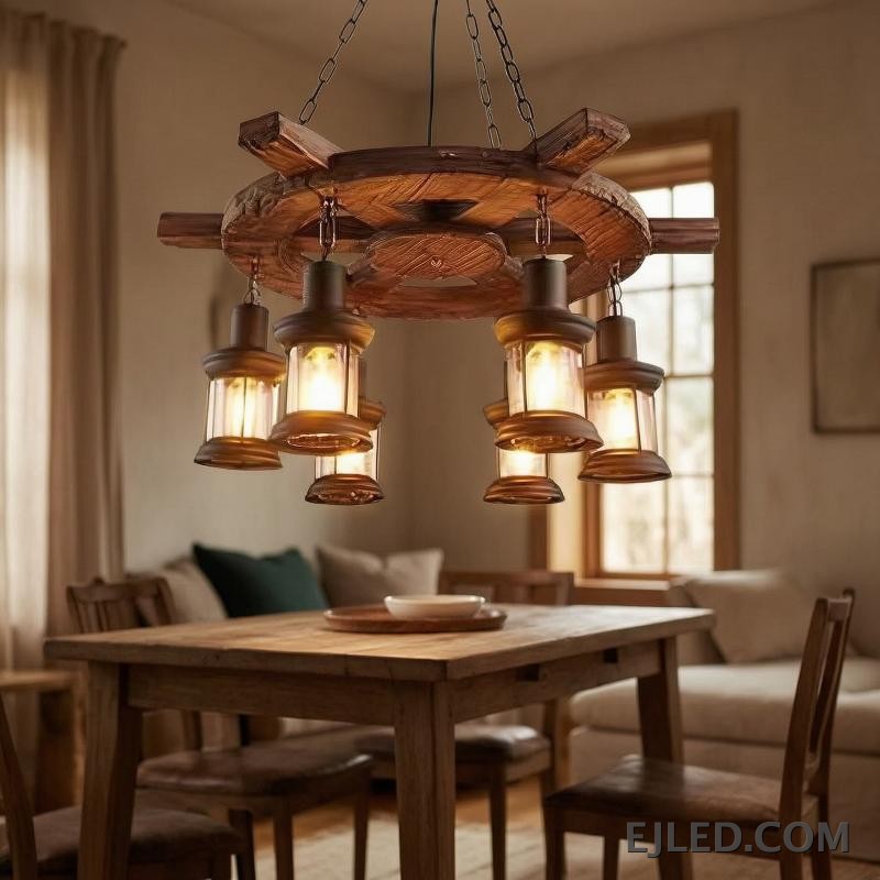 This wooden chandelier features a dark, rustic wagon wheel design with a 75cm diameter. Six clear glass lantern-style lights hang, offering an enclosed yet visible light source. - view 5
