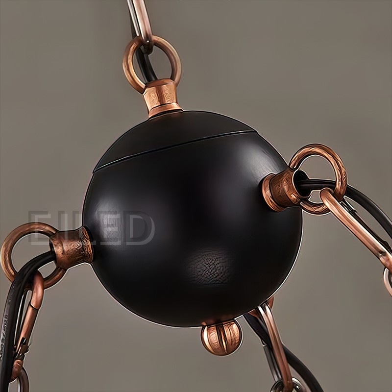 Esta lámpara colgante cilíndrica de madera cuenta con tres luces estilo farol suspendidas de una viga de madera curva colgada por cadenas. - view 4