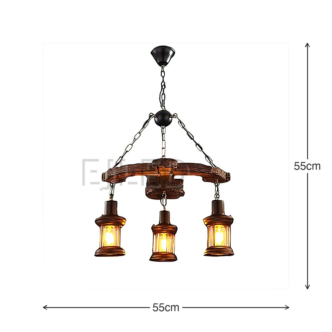 Esta lámpara colgante cilíndrica de madera cuenta con tres luces estilo farol suspendidas de una viga de madera curva colgada por cadenas. - view 5