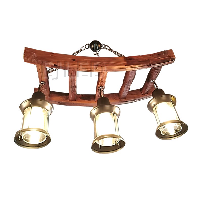 This wooden barrel pendant lamp features a curved wooden beam suspended by chains and three cylindrical glass lantern shades with metal fittings.