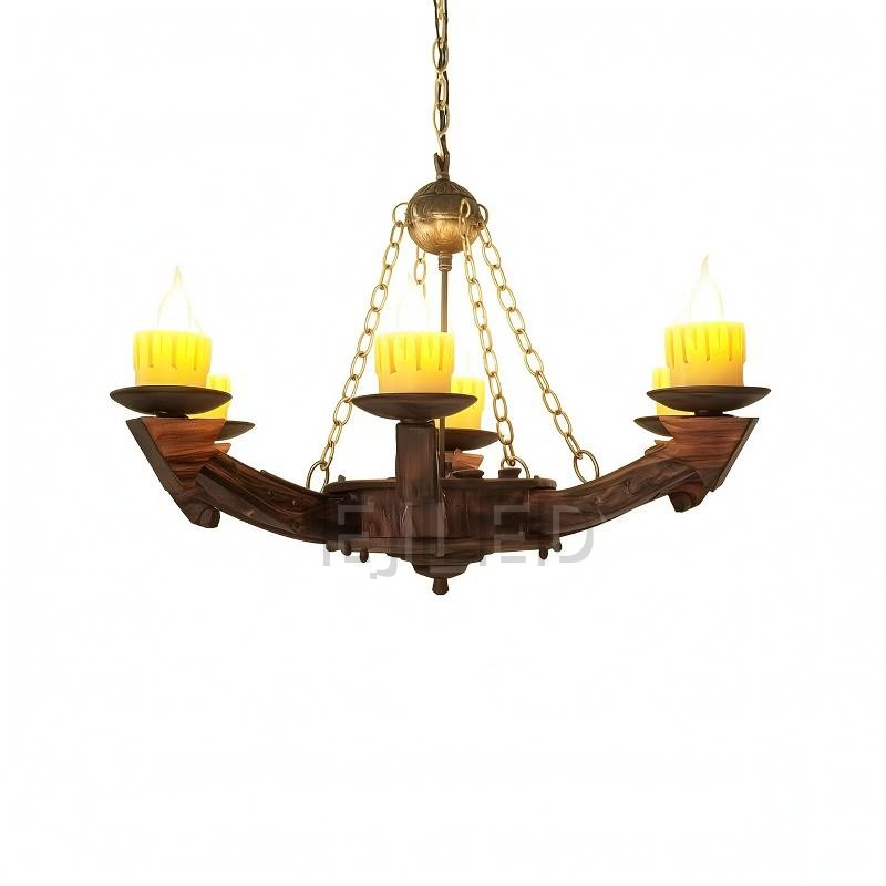 This wooden chandelier pendant light features curved wooden arms holding cylindrical candle style lamps with realistic flames, suspended from a central metal chain.