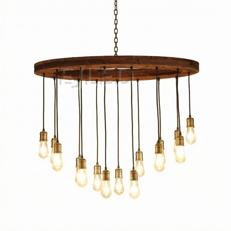 This rustic wood wheel chandelier features a circular wooden frame suspended by a chain, holding multiple hanging pendant lights with brass sockets and Edison bulbs.