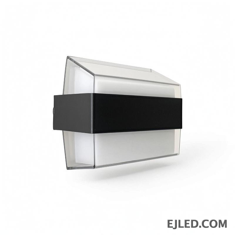 The WL0009 is an acrylic wall light featuring a clear outer casing, a white diffuser, and a distinctive black mid-band. Its angled profile provides diffused illumination.