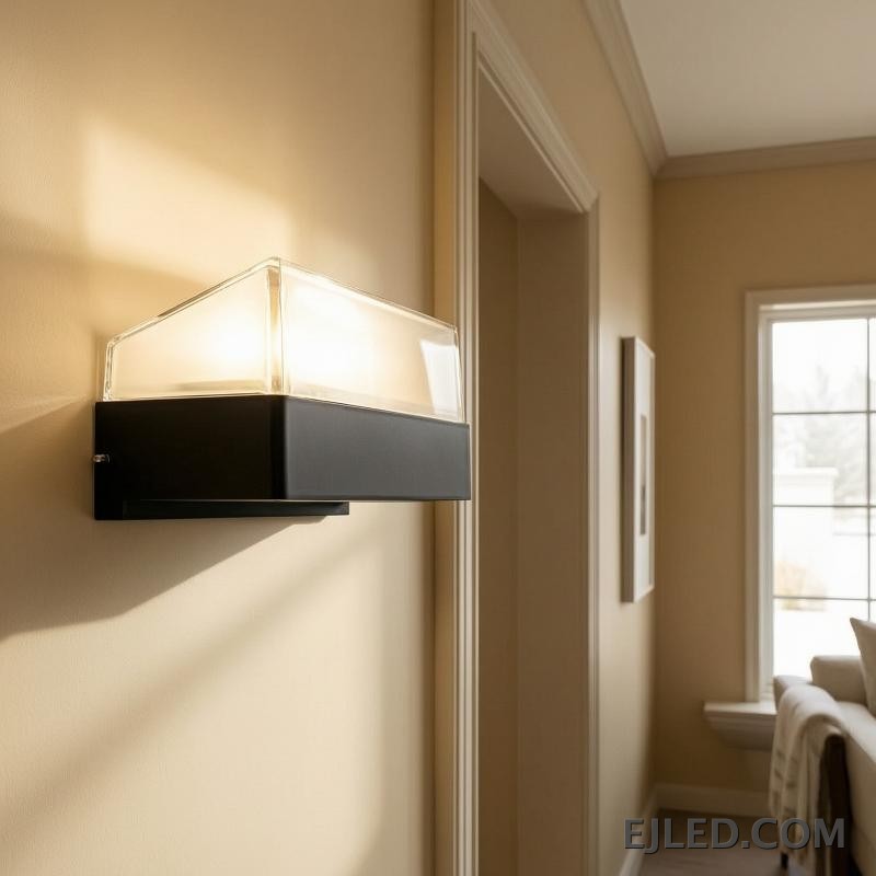 This enclosed black plastic wall light features a rectangular base and a clear sloped top diffuser, emitting soft light from its integrated source. It measures 160x85x75mm. - view 4