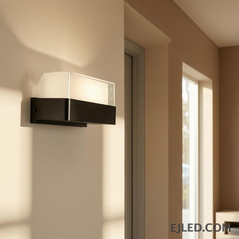 This enclosed black plastic wall light features a rectangular base and a clear sloped top diffuser, emitting soft light from its integrated source. It measures 160x85x75mm. - view 6