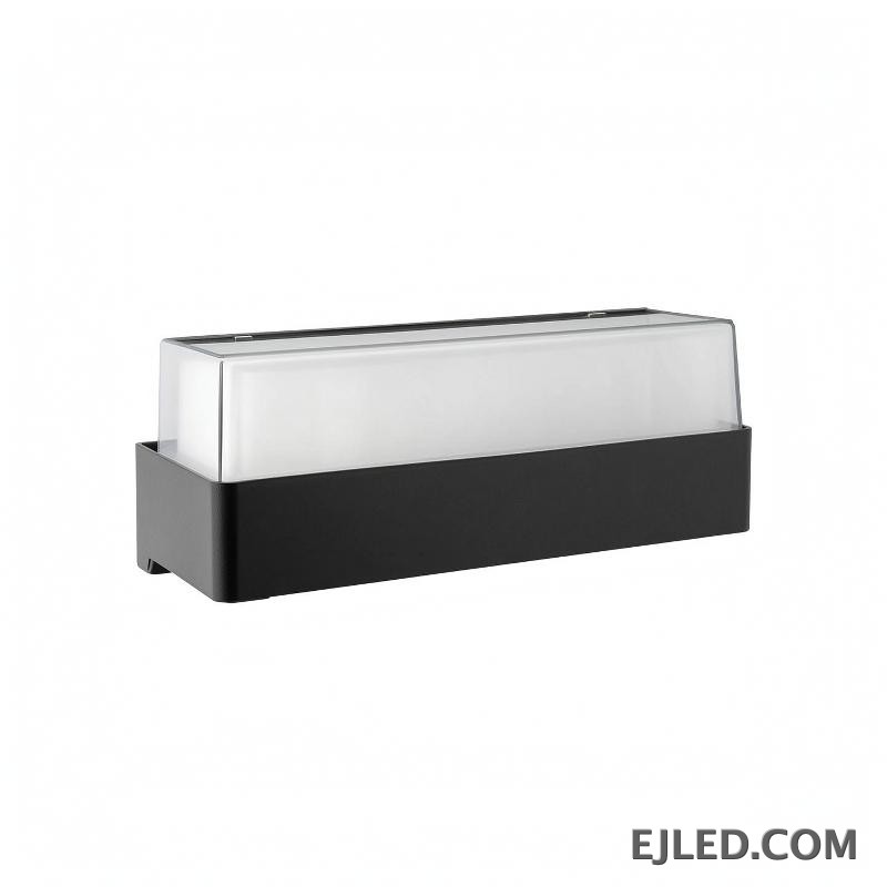This fixture features a black rectangular plastic base topped with a clear cover enclosing a white light diffuser. It is designed for wall mounting.