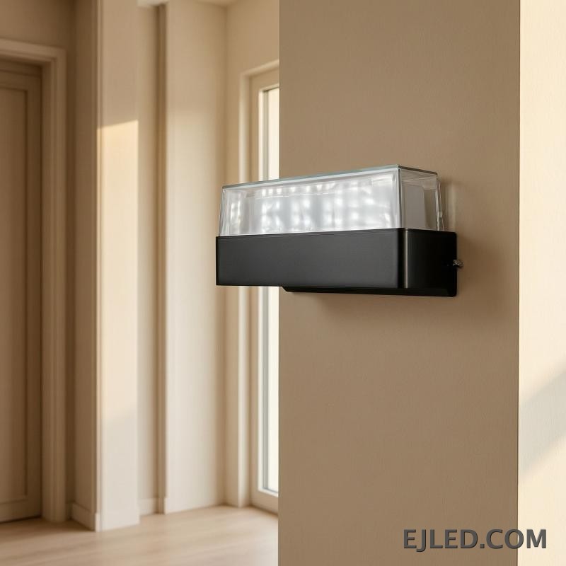 This fixture features a black rectangular plastic base topped with a clear cover enclosing a white light diffuser. It is designed for wall mounting. - view 5