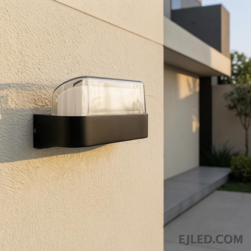 Esta lámpara de pared presenta un cuerpo rectangular de plástico con base negra y un difusor curvo de plástico transparente. Está diseñada para montaje en pared y proporciona iluminación cerrada. - view 6