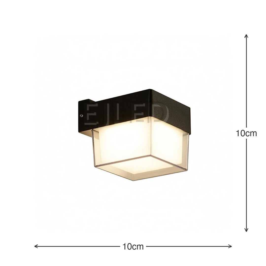 This compact square wall light features a durable black plastic body with a clear outer protective frame enclosing an inner white diffuser. - view 6