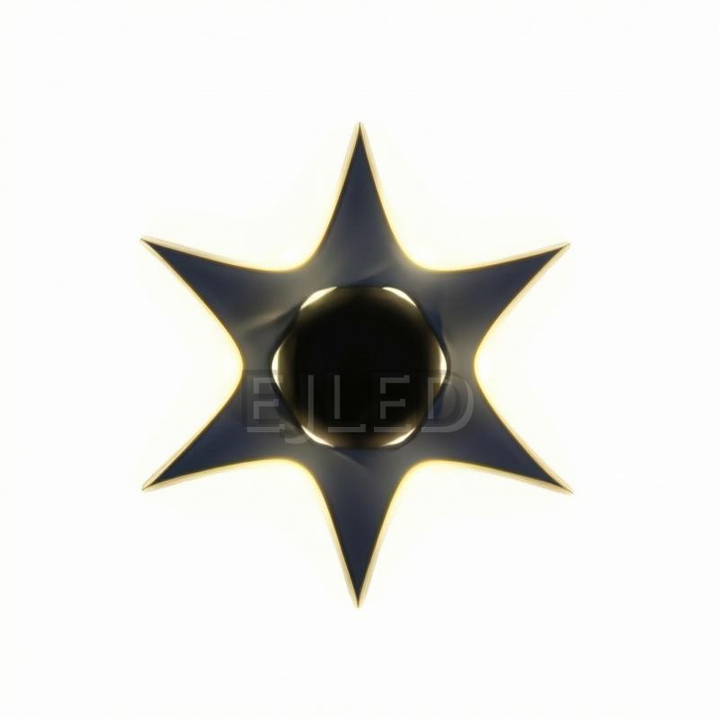 This wall light features a dark star-shaped plastic body with a central black sphere and warm backlighting. Model WL0023.