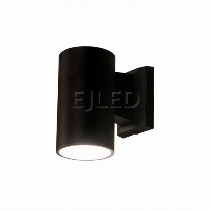 This black aluminum cylindrical wall light features a tubular body mounted on a matching rectangular wall bracket, directing illumination downward.