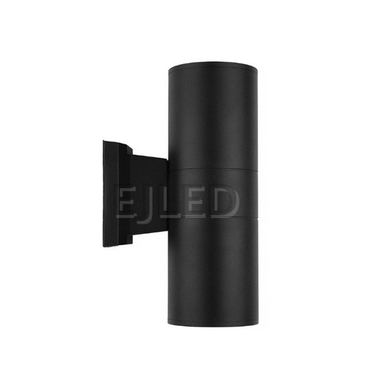 This black aluminum cylindrical wall light features a tubular body mounted on a matching rectangular wall bracket, directing illumination downward. - view 5