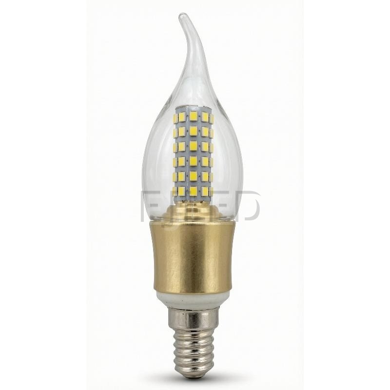 This clear flame tip LED bulb features multiple surface mounted diodes on a central pillar, a gold colored lower body, and a standard screw base for commercial fittings.