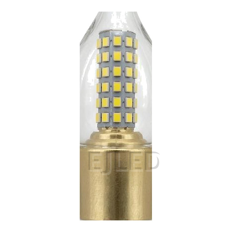 This clear flame tip LED bulb features multiple surface mounted diodes on a central pillar, a gold colored lower body, and a standard screw base for commercial fittings. - view 3