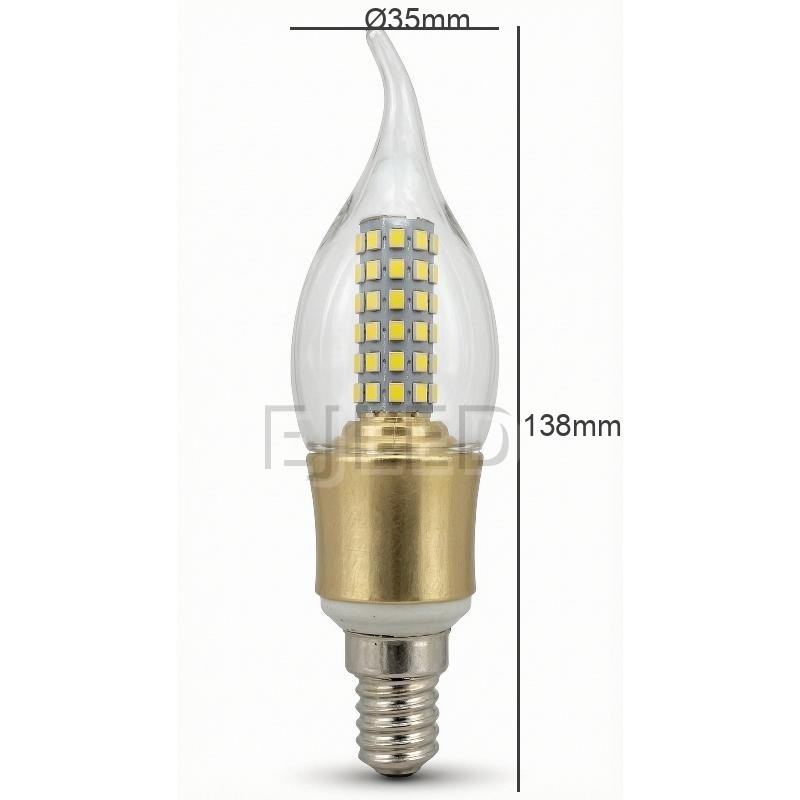 This clear flame tip LED bulb features multiple surface mounted diodes on a central pillar, a gold colored lower body, and a standard screw base for commercial fittings. - view 4