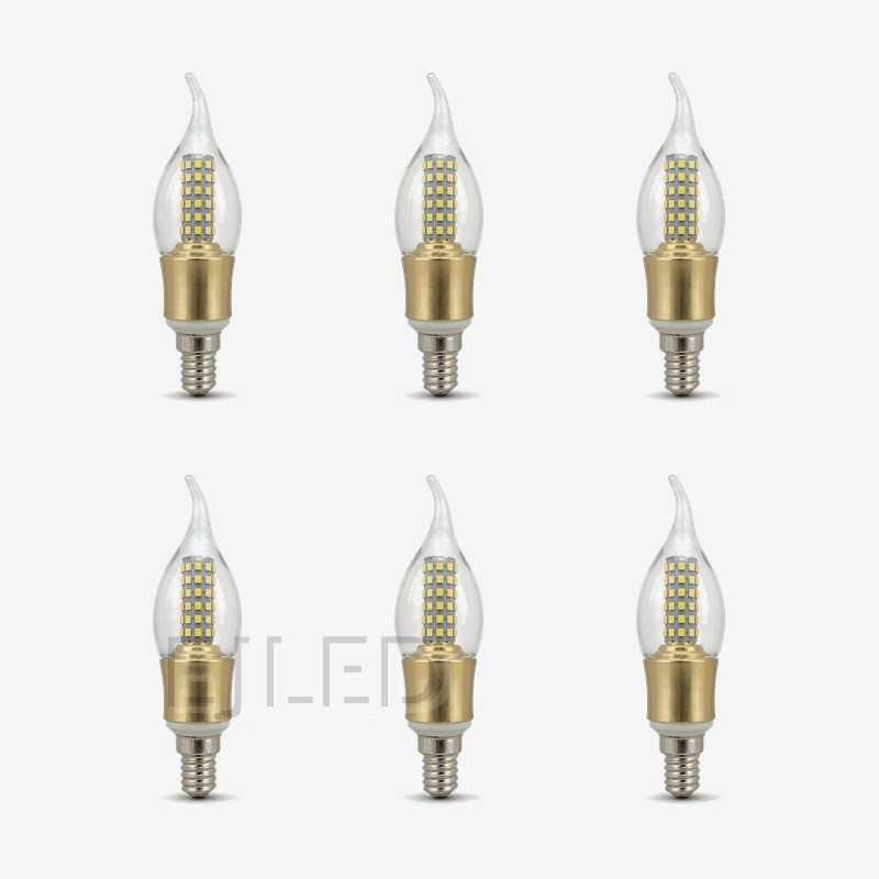 This clear flame tip LED bulb features multiple surface mounted diodes on a central pillar, a gold colored lower body, and a standard screw base for commercial fittings. - view 5
