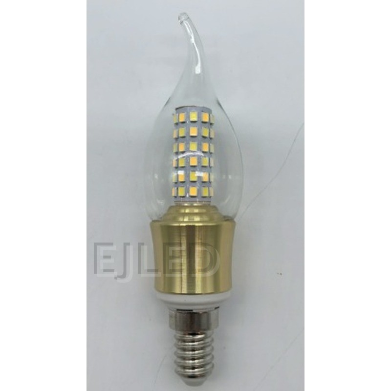 This clear flame tip LED bulb features multiple surface mounted diodes on a central pillar, a gold colored lower body, and a standard screw base for commercial fittings. - view 6